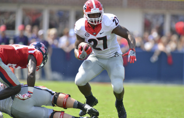 Nick Chubb running the ball against Ole Miss