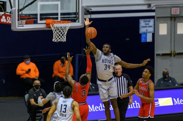 Qudus Wahab goes up for the block against St. John's
