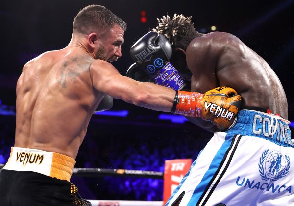 Lomachenko lands puch to the body of Commey in his unanimous decision win.