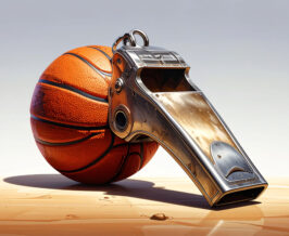 Basketball and whistle on a basketball court