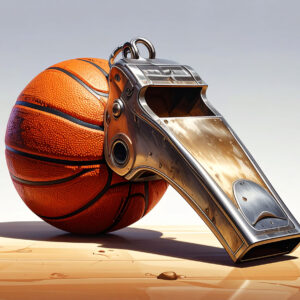 Basketball and whistle on a basketball court