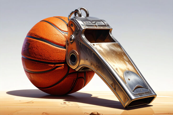 Basketball and whistle on a basketball court